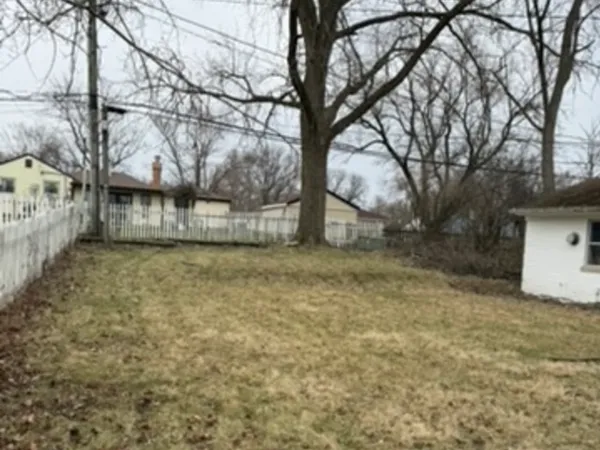a view of a backyard with large trees