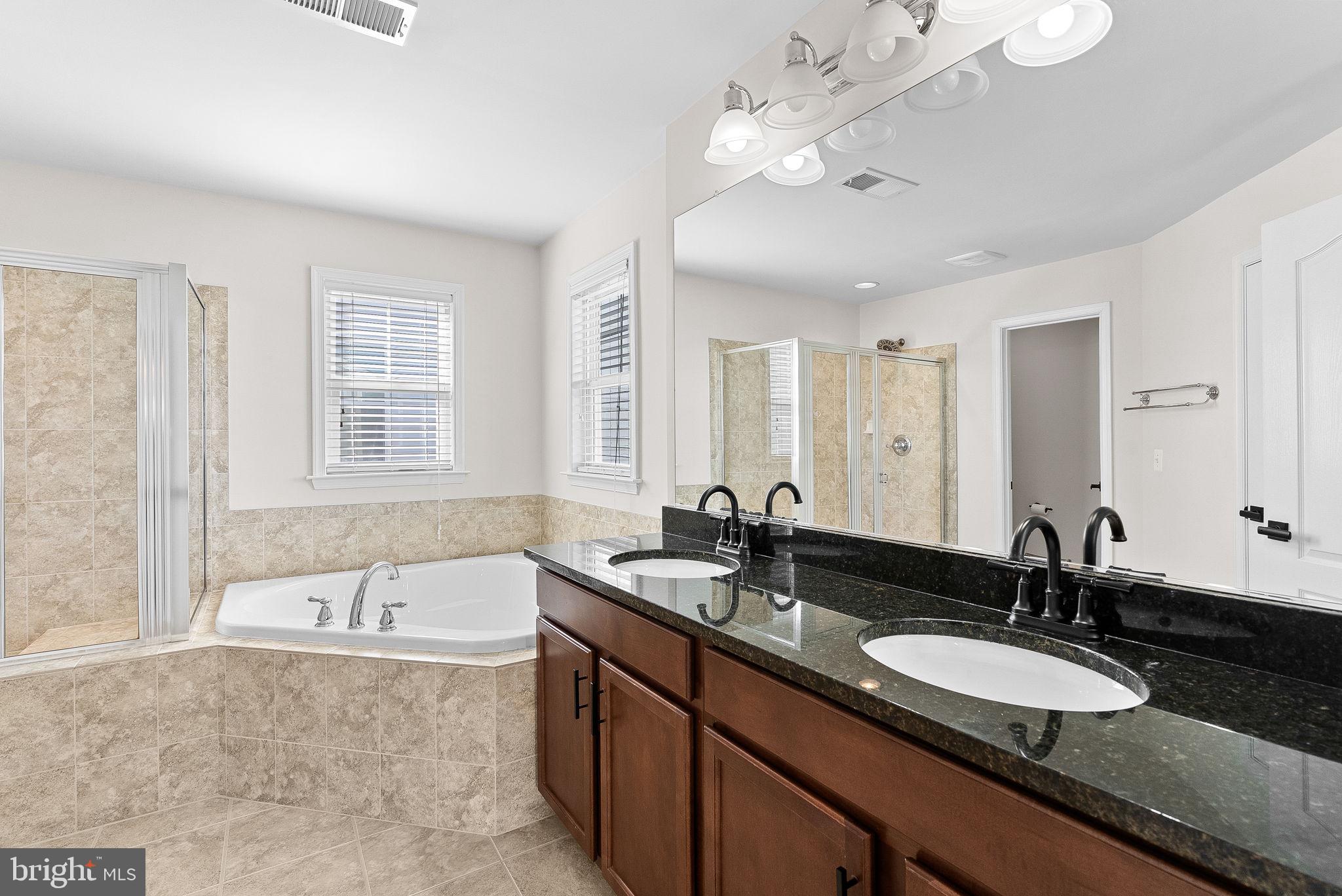 23388 Minerva Drive Brambleton, VA 20148 - Photo 29 of 57 a bathroom with a granite countertop double vanity sinks a mirror and a bathtub