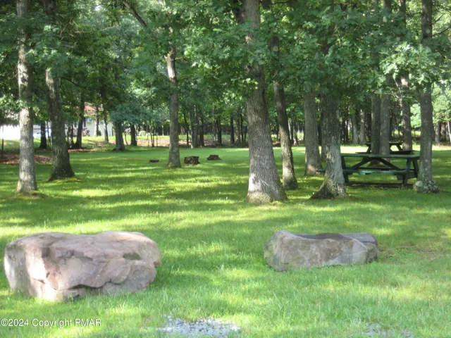 a garden view with a sitting space