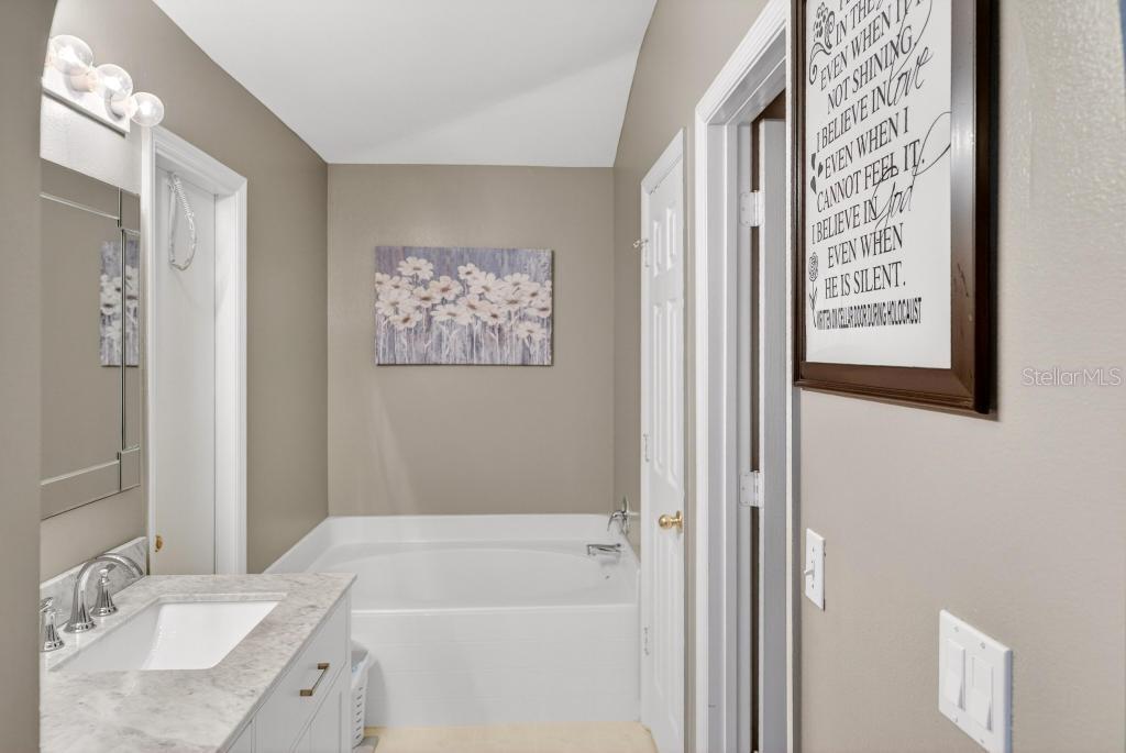 1332 Honey Road Apopka, FL 32712 - Photo 37 of 59 a bathroom with a granite countertop sink a mirror a vanity and a shower