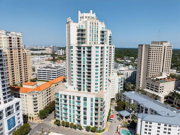 a city view with tall buildings