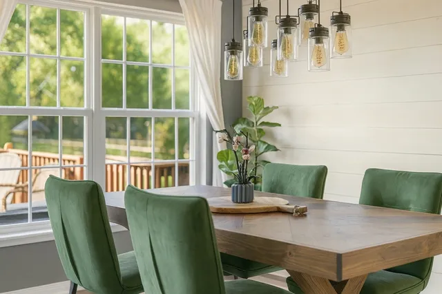 a view of a dining room with furniture and a potted plant