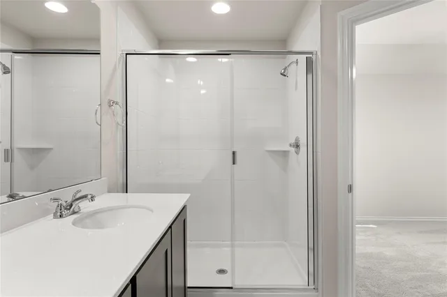 a bathroom with a shower and a sink