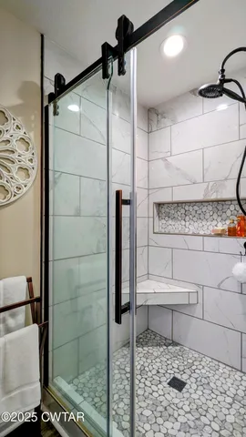 a bathroom with a shower and a toilet
