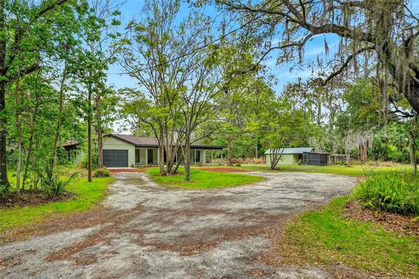 a view of a house with a yard and large trees