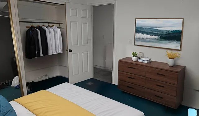 a bed room with a bed and a mirror