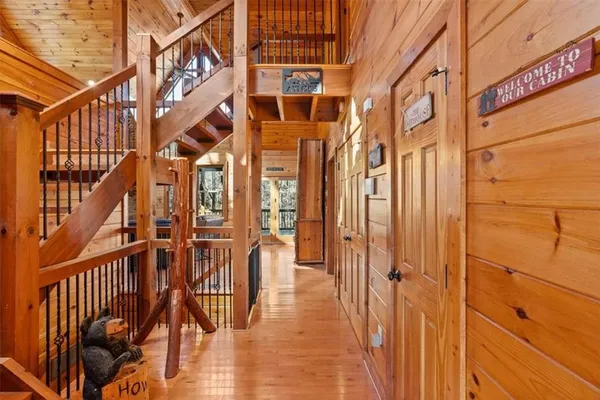 a view of a building with wooden floor