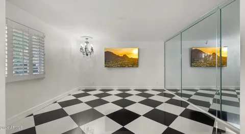 a view of a black and white checkered floor