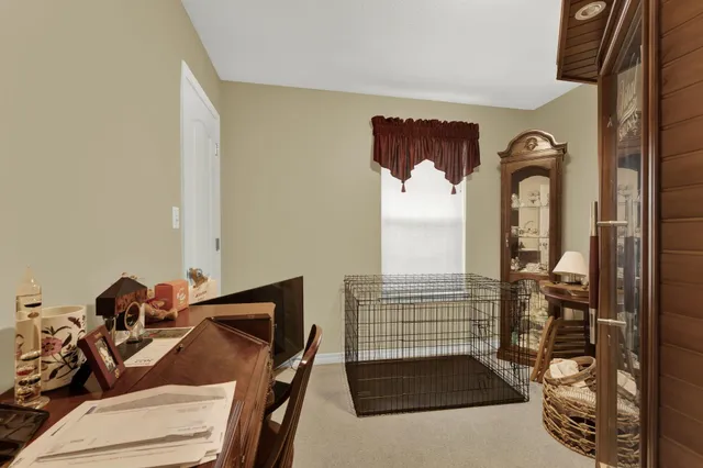 a living room with furniture a fireplace and a floor to ceiling window