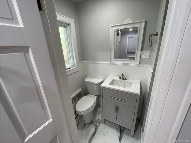 a bathroom with a sink toilet a mirror and vanity