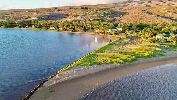 an aerial view of a house with a yard and ocean view