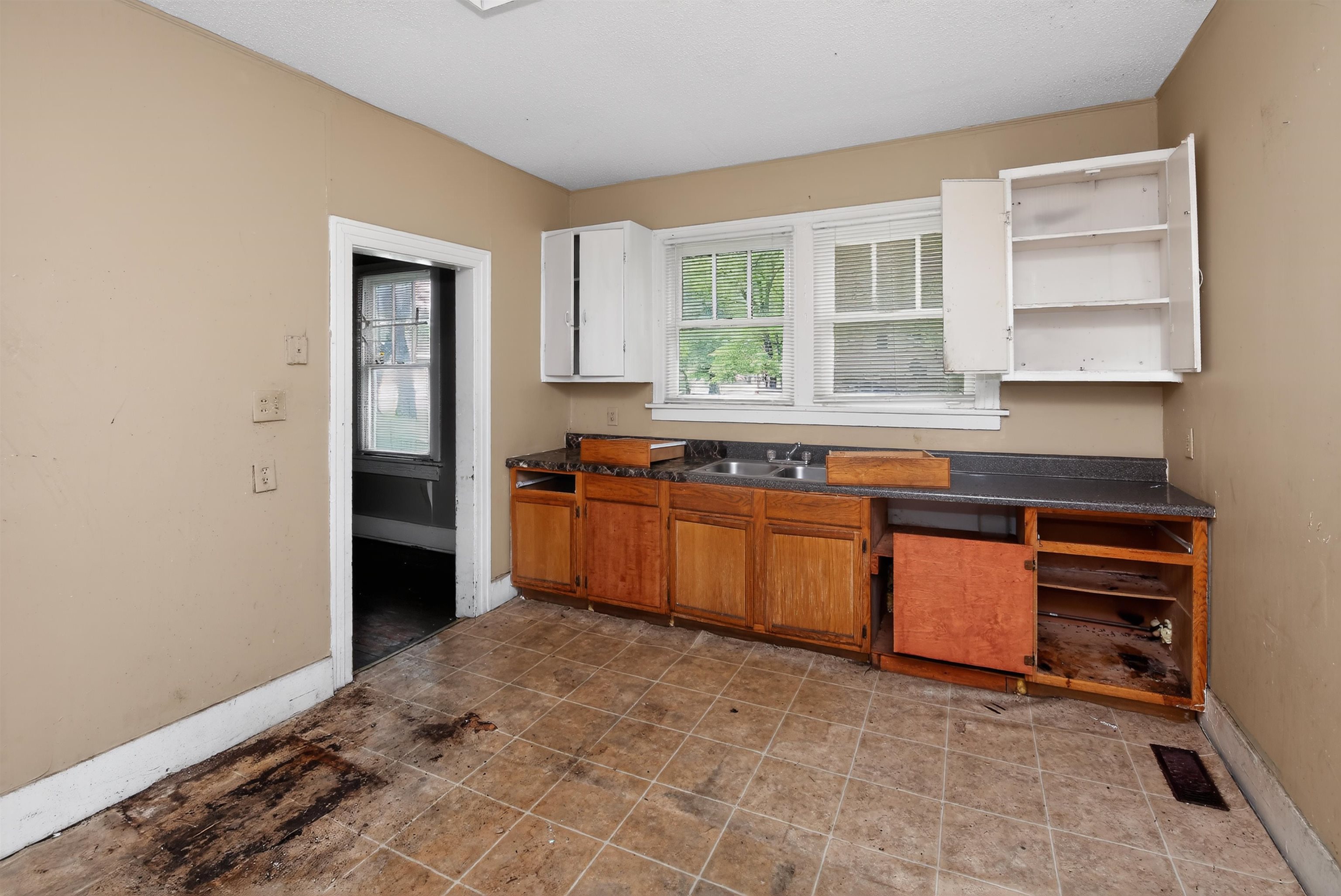 810 Hale Road Memphis, TN 38116 - Photo 14 of 30 Kitchen area featuring a double window, dual basin sink, and a combination of upper and lower cabinetry