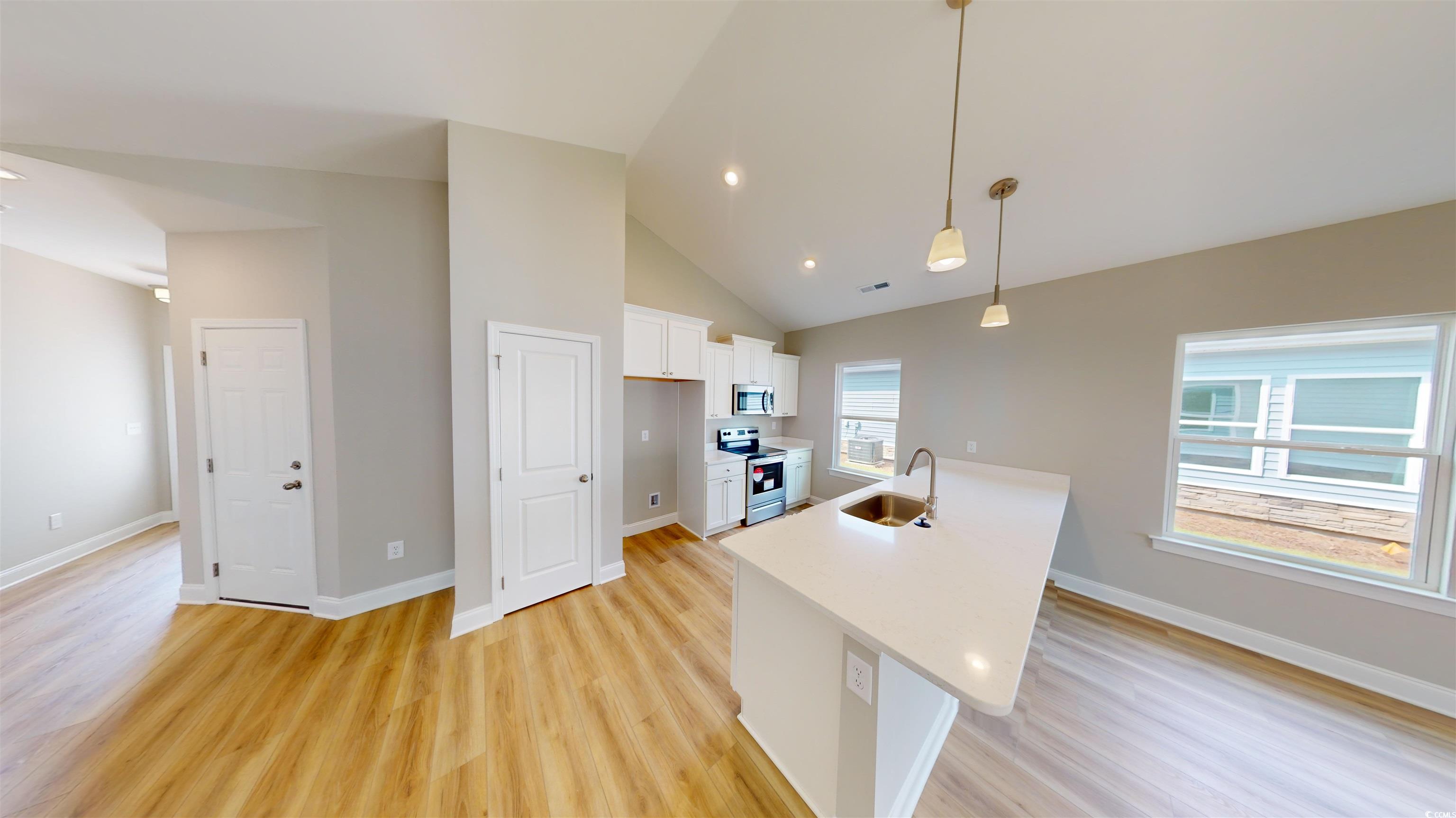 1048 Moen Loop, Unit LOT 13 Conway, SC 29526 - Photo 23 of 24 Kitchen with light wood-style flooring, a sink, open floor plan, vaulted ceiling, and light countertops