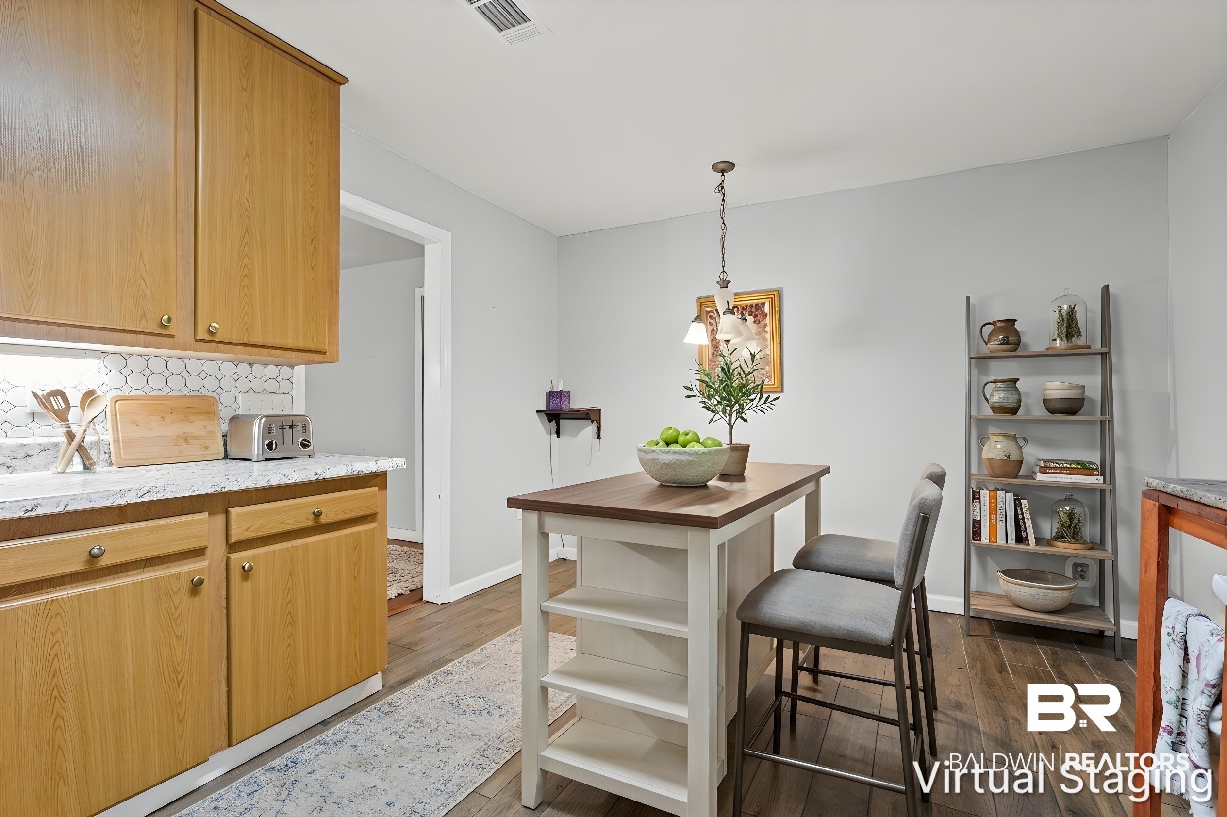 312 Sutherland Drive Mobile, AL 36611 - Photo 7 of 28 Virtually staged kitchen featuring light wood-finish cabinetry, white hexagonal tile backsplash, light-toned countertops, and wood-finish flooring