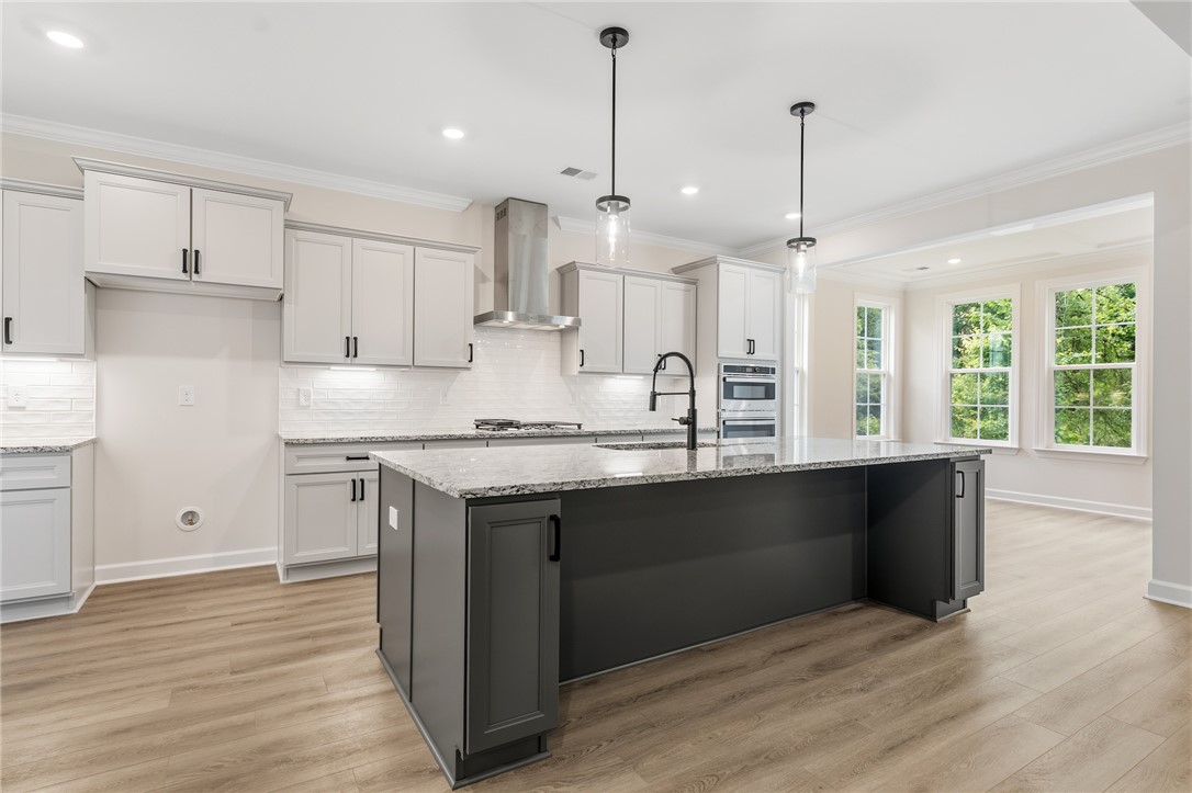 705 Weathered Oak Way Anderson, SC 29621 - Photo 14 of 47 This kitchen showcases a functional island with elegant pendant lighting and abundant natural light.