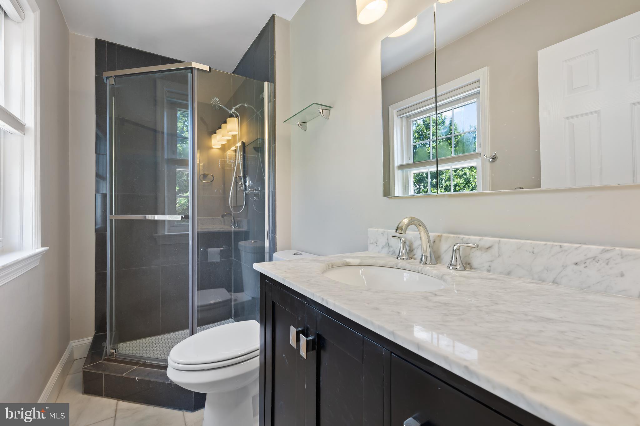 6721 Kenwood Forest Lane, Unit 45 Chevy Chase, MD 20815 - Photo 18 of 35 a bathroom with a granite countertop sink toilet and shower