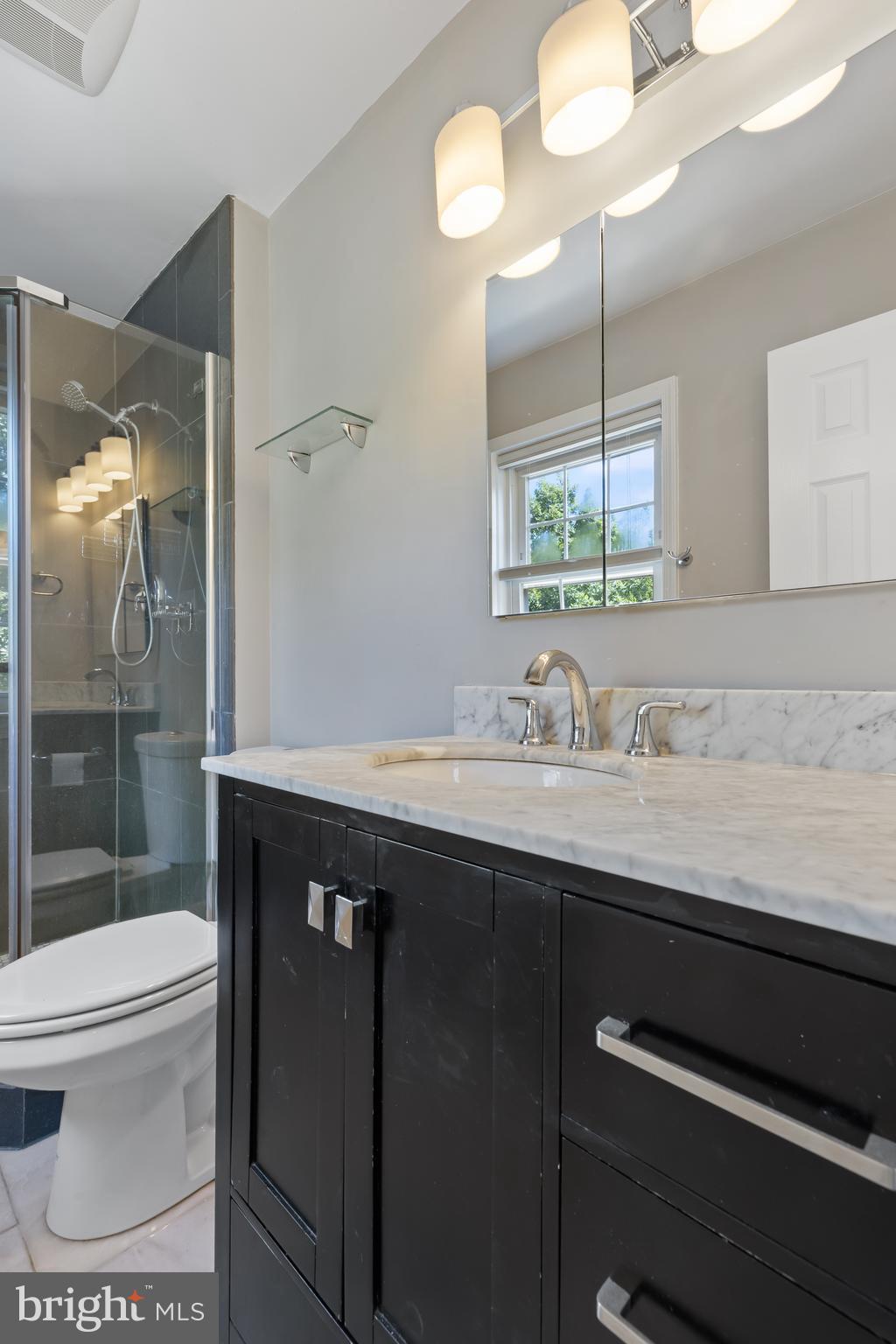 6721 Kenwood Forest Lane, Unit 45 Chevy Chase, MD 20815 - Photo 19 of 35 a bathroom with a sink a toilet a mirror and shower