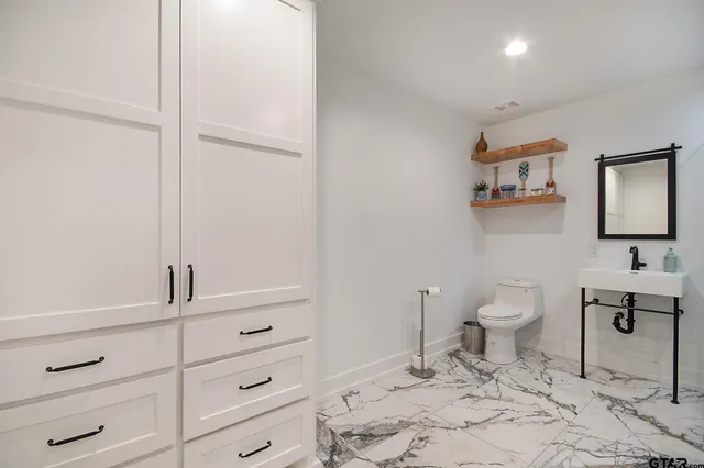 a bathroom with a sink vanity mirror and toilet