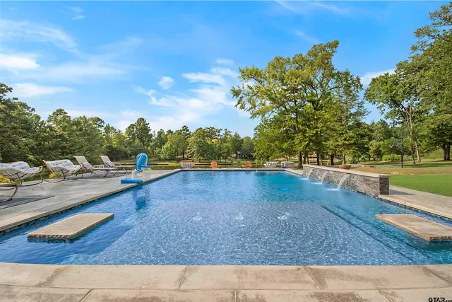 a view of swimming pool with outdoor seating and plants