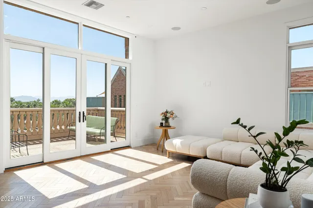 a living room with furniture and a potted plant