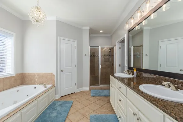 a large spacious bathroom with a granite countertop tub sink shower and mirror
