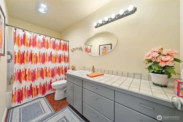 a bathroom with a sink mirror and vanity