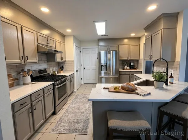 a kitchen with a sink cabinets and refrigerator