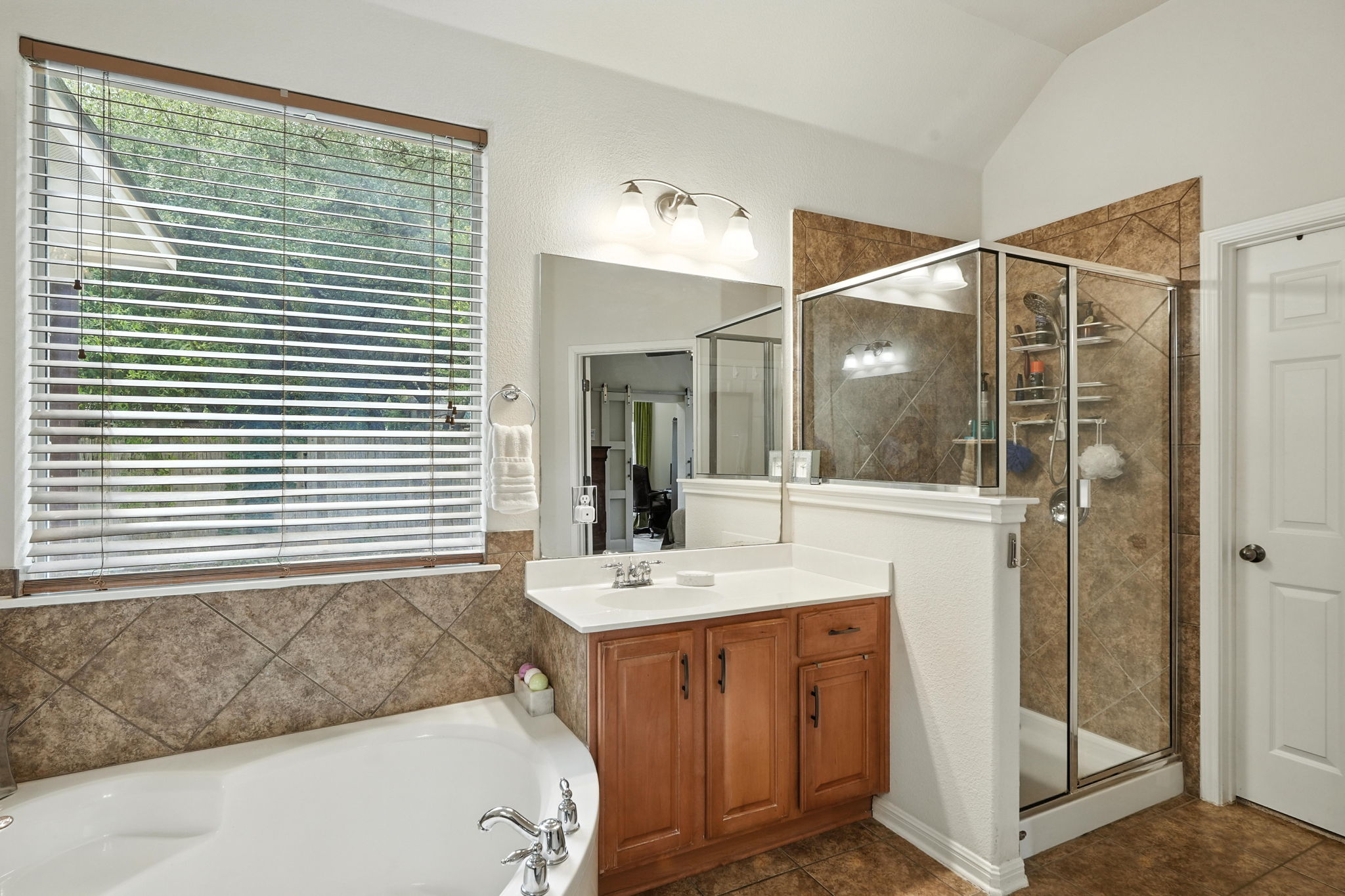 1802 Misty Ridge Leander, TX 78641 - Photo 18 of 39 Full bath with a shower stall, a garden tub, vanity, dark tile patterned floors, and lofted ceiling