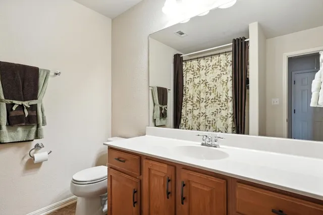 a bathroom with a sink a toilet and shower curtain