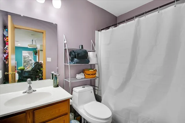 a bathroom with a sink a toilet and shower curtain