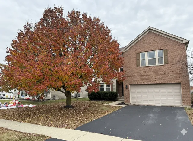 a front view of a house with a tree