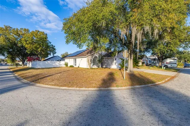 a view of a house with a small yard and a large tree