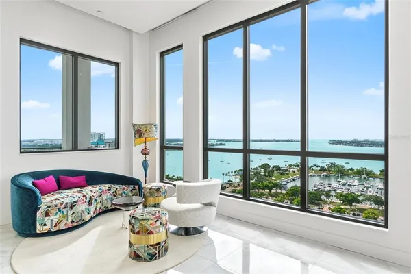a living room with furniture and a floor to ceiling window