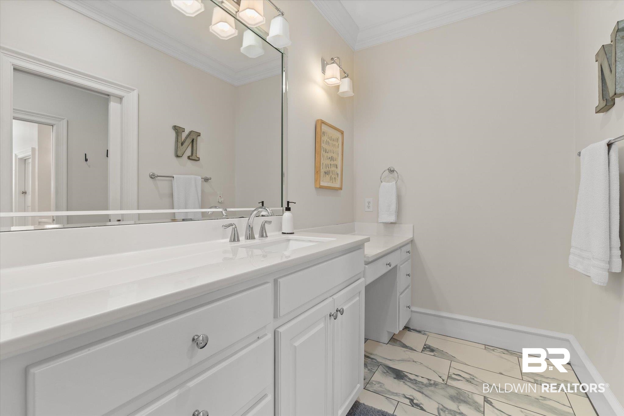 8561 Dawes Lake Road Mobile, AL 36619 - Photo 29 of 63 Bathroom with vanity, marble look tile flooring, and ornamental molding
