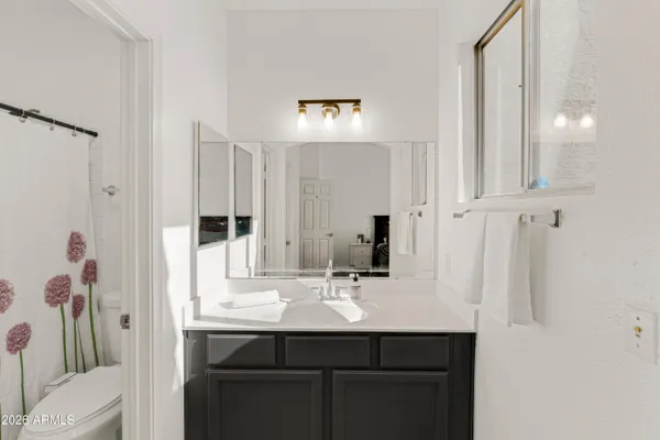 a bathroom with a sink double vanity and a mirror