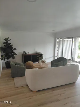 a living room with furniture and a potted plant