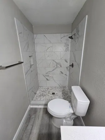 a bathroom with a toilet and a shower