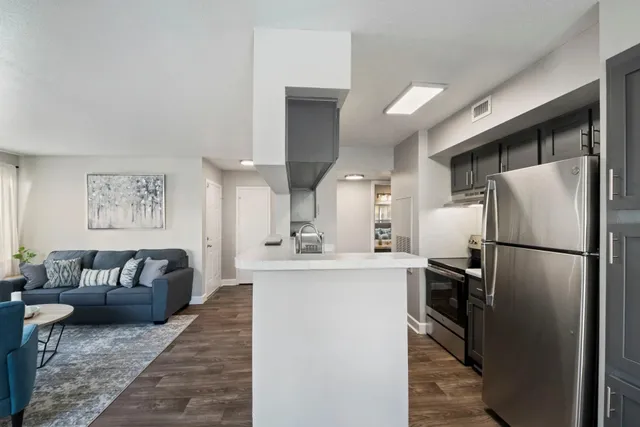 a kitchen with stainless steel appliances granite countertop a refrigerator a sink a stove and a refrigerator