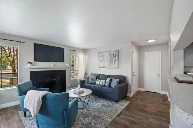 a living room with furniture a flat screen tv and a fireplace