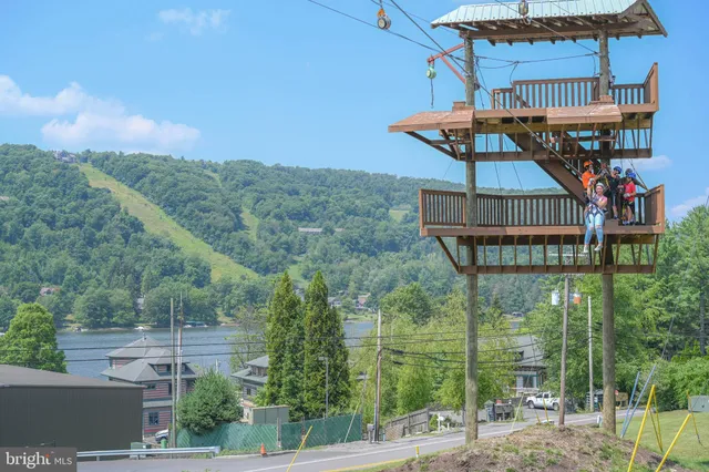 an aerial view of residential houses with outdoor space and trees