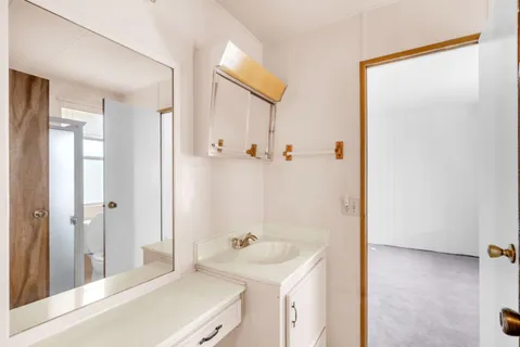 a bathroom with a sink a mirror and a shower