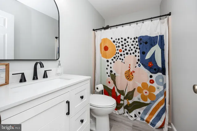 a bathroom with a sink a toilet and a shower curtain