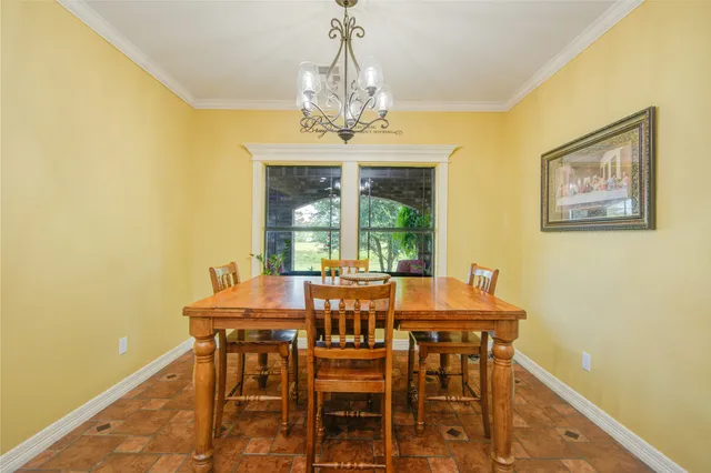 a view of a dining room with furniture and window