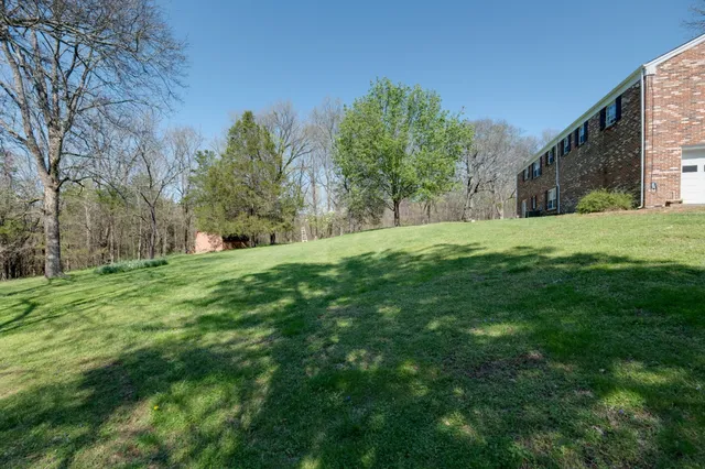 a backyard of a house with lots of green space and fountain