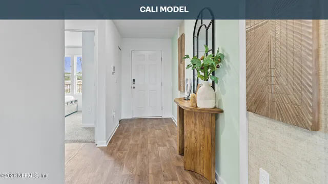 a view of a hallway with wooden floor and a potted plant