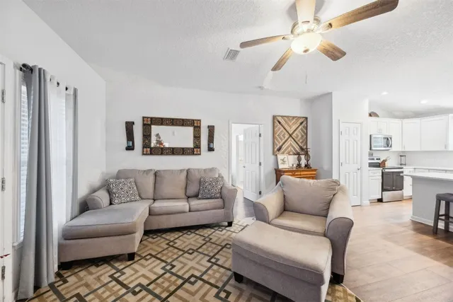 a living room with furniture a ceiling fan and a rug
