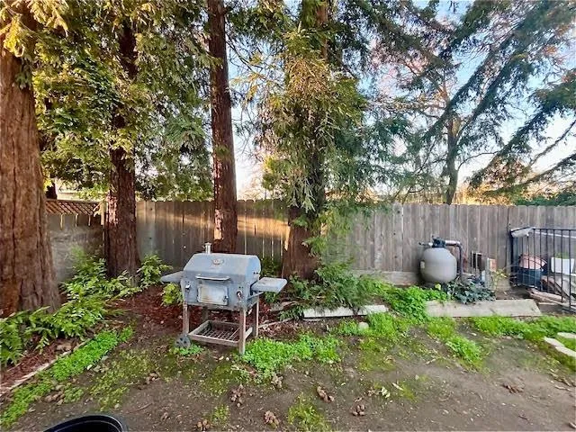 a garden view with a seating space