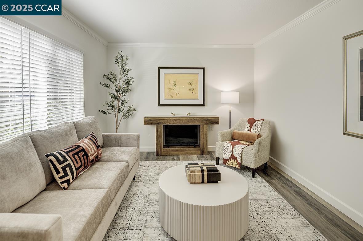 1315 Golden Rain Road, Unit 2 Walnut Creek, CA 94595 - Photo 6 of 54 a living room with furniture and a fireplace