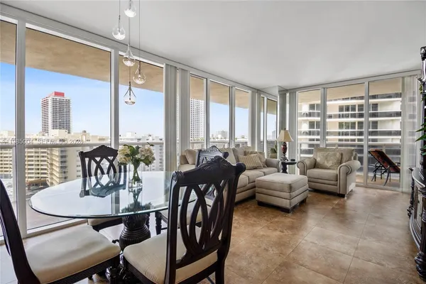 a view of a dining room with furniture window and outside view