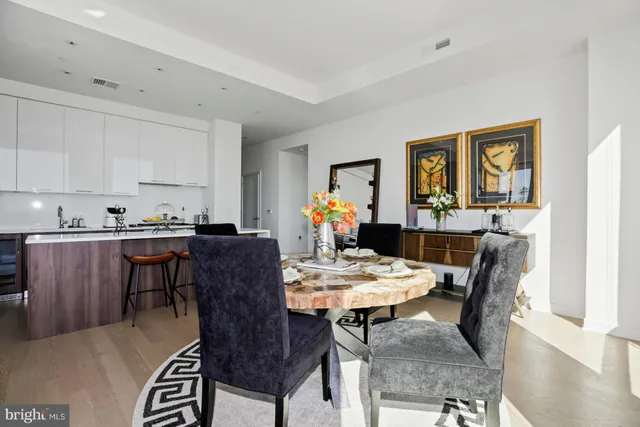 a view of a dining room with furniture